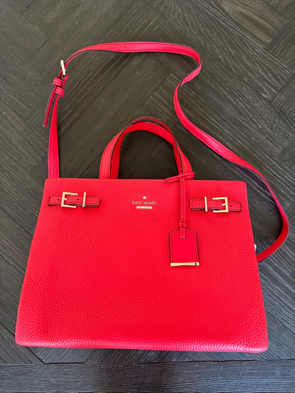Red Leather Satchel Bag | Structured Top Handle Tote Crossbody Medium Size Gold - Picture 7 of 7
